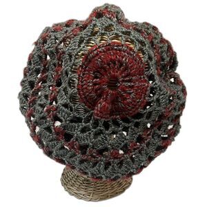 Handmade Gray & Red Crochet Slouchy Beret Boho Hat Festival Vibes Unisex OS